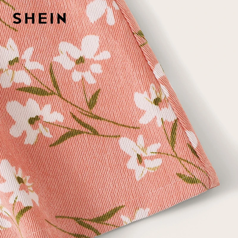 SHEIN юбка с цветочным принтом и пуговицами спереди, Boho, трапециевидная Осенняя Бархатная мини-юбка средней посадки, розовая женская простая короткая юбка