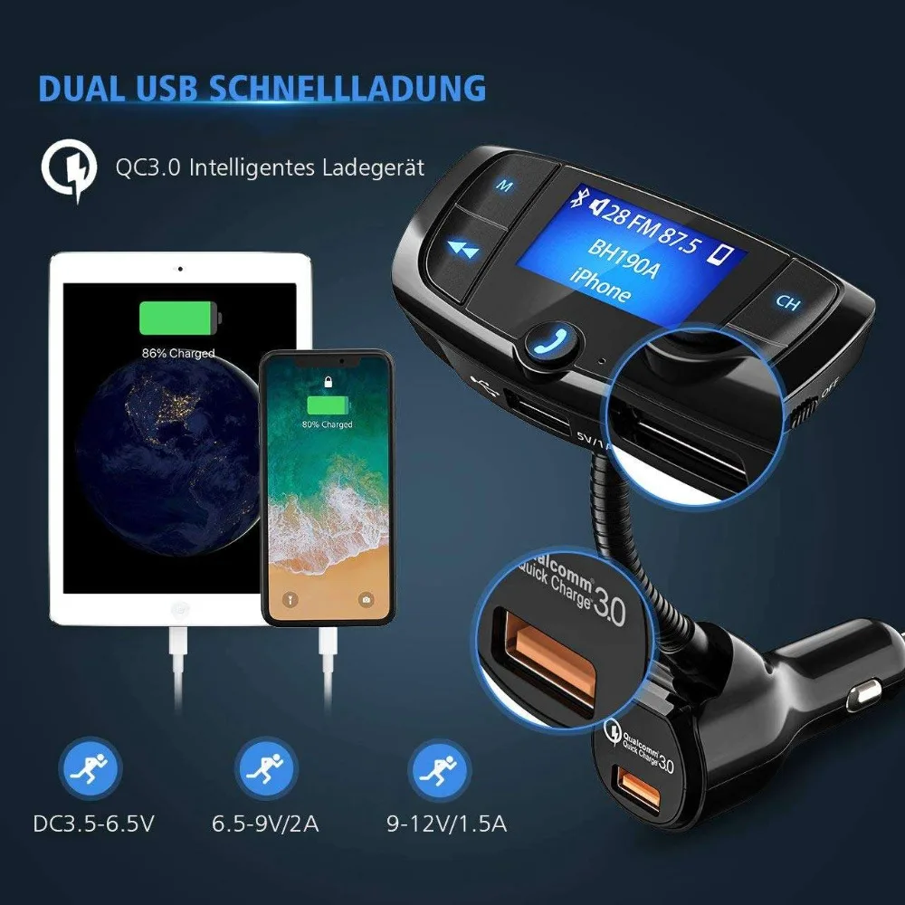 VicTsing Bluetooth fm-передатчик автомобильный комплект Беспроводное зарядное устройство беспроводной радиоадаптер с двумя usb-портами Встроенный микрофон