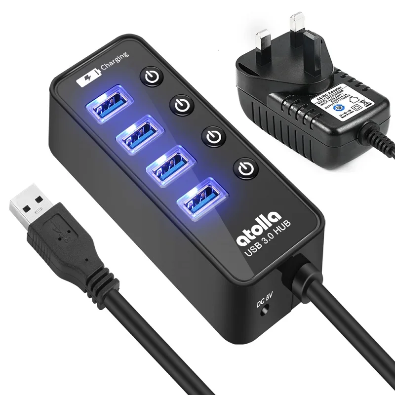 Atolla usb 3,0 концентратор с адаптером питания, 4+ 1 передачи данных и зарядки многопортовый, высокоскоростной 5 Гбит/с USB разветвитель для MacBook Air - Цвет: 4 port black With UK