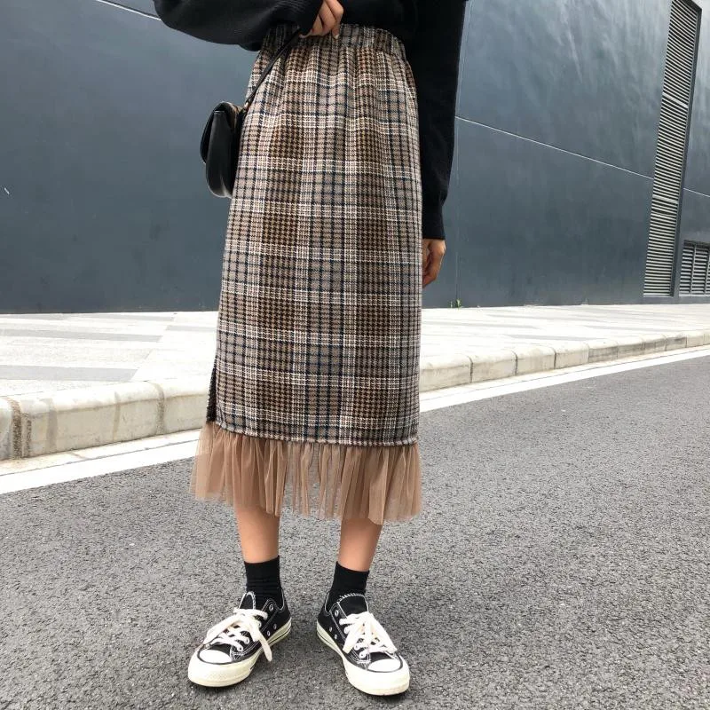 Осень-зима женские юбки Harajuku модные сетчатые строчки с эластичной резинкой на талии шерстяные юбки для девочек ретро клетчатые миди юбки низ
