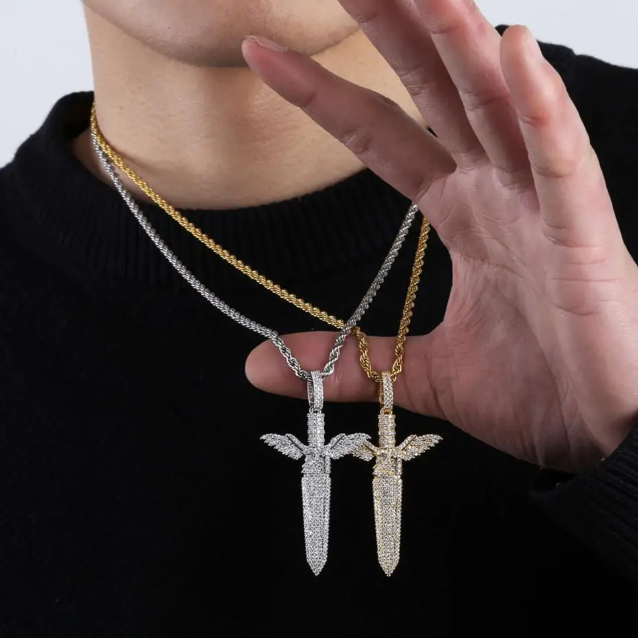 Iced Out меч с крыльями кулон ожерелье мужские/женские с теннисная цепочка Bling хип хоп Золото Цвет серебра талисман цепи ювелирные изделия