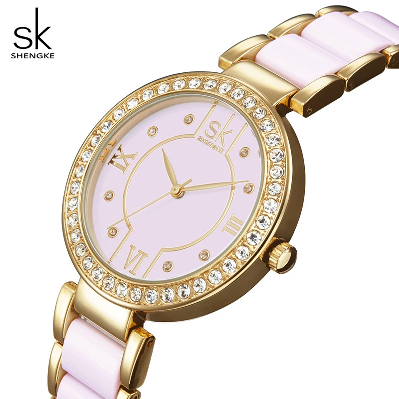 Часы наручные Shengke женские кварцевые с браслетом из нержавеющей стали # K0031 -