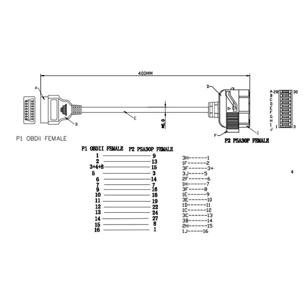 

30Pin To 16Pin OBD2 Connector Car Diagnostic Cable For Trucks Citroen Peugeot