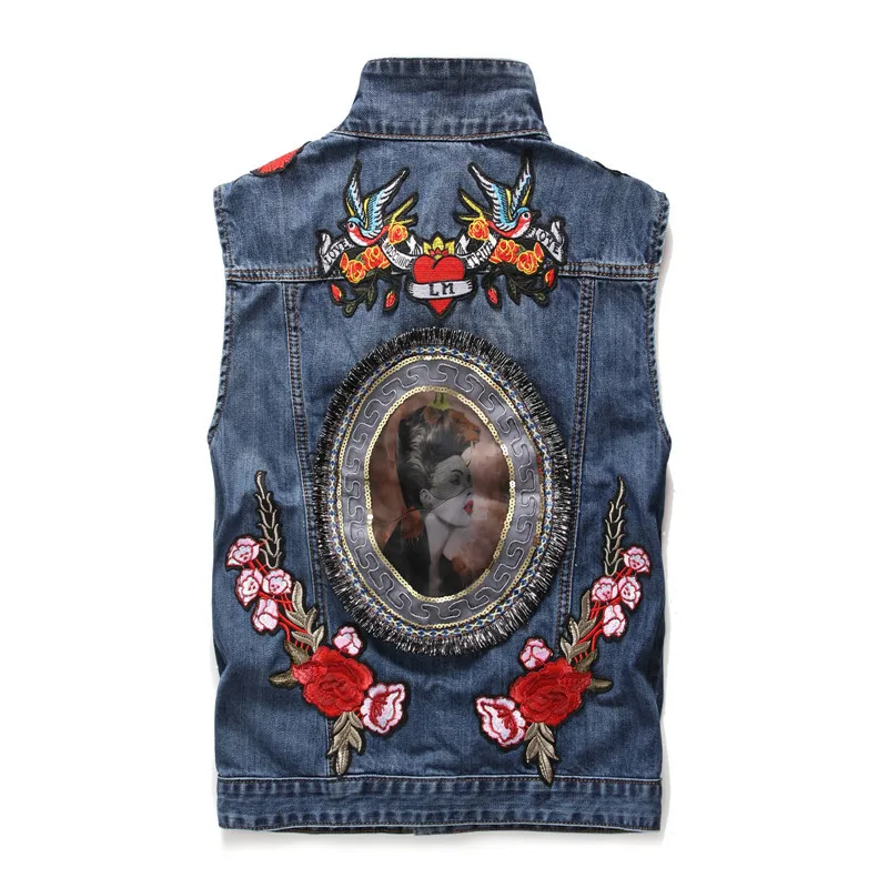 

ABOORUN Fashion Mens Denim Vest High Quality Rose Embroidery Patchwork Slim Jeans Waistcoat Male Sleeveless Jackets YC1186