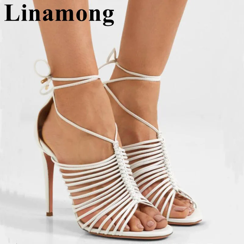 

2019 White Color Narrow Band Sexy Thin High Heel And OpenToe Cross-tied Fashion Party Women Sandals Shoes
