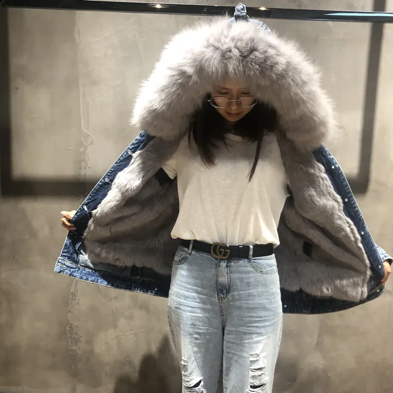 Женское пальто с натуральным кроличьим мехом, Зимняя мода, натуральный Лисий мех, большой меховой воротник, джинсовая парка, куртка с кроличьим мехом, женская верхняя одежда