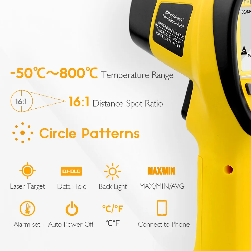 HoldPeak HP-985C-APP ИК инфракрасный термометр для измерения температуры рукоять-50-800C/58-1472 «F Температура метр пистолет инфракрасный термометр W/Bluetooth APP
