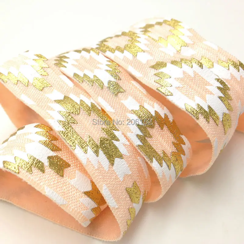 

New Arrival!! Super Quality Gold Foil Aztec Print Fold Over Elastic Ribbon 5/8" FOE For DIY Hair Accessories Peach Color