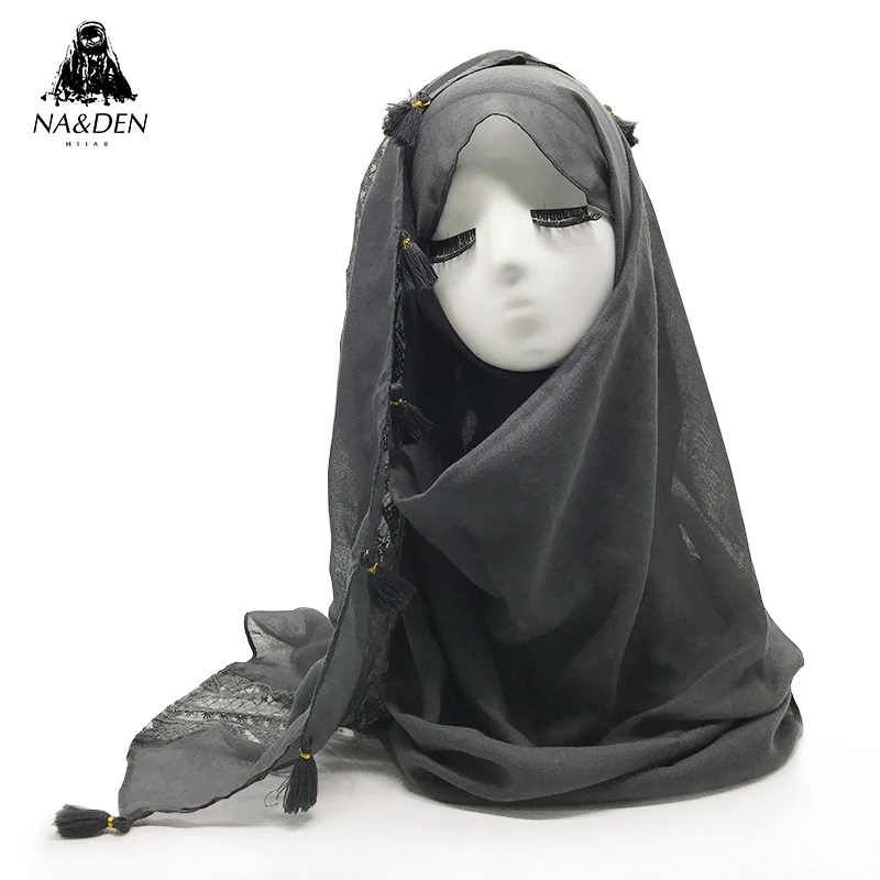 1 шт. Женский хиджаб с кружевом и кисточками Простой макси платок модный шарф 9