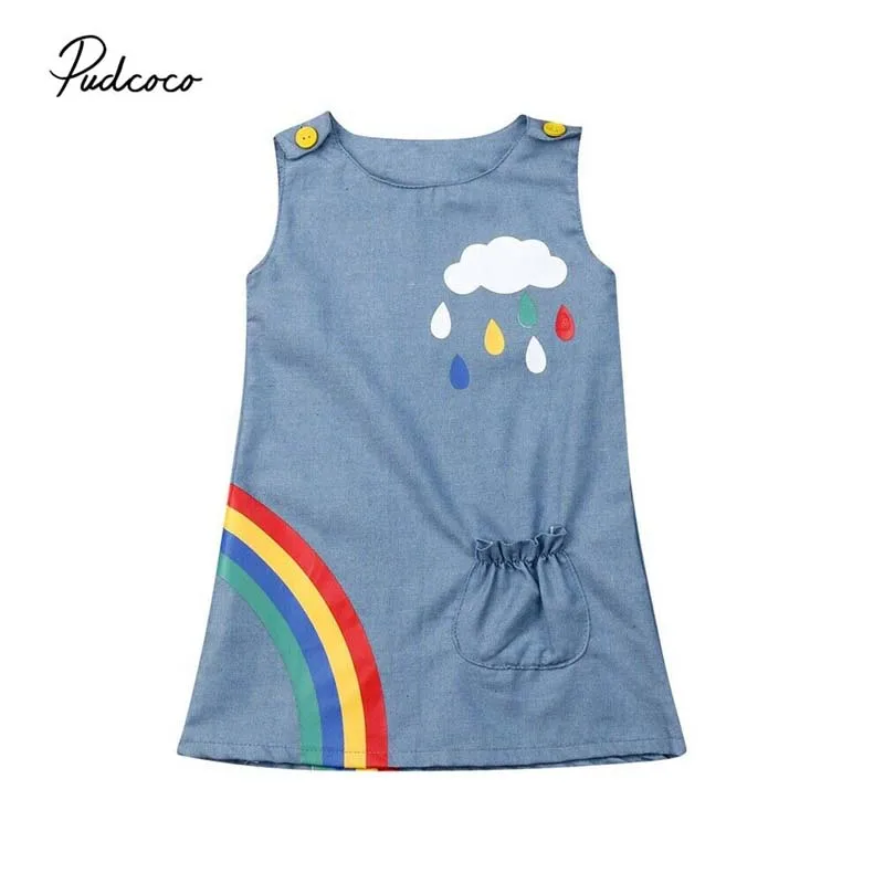2019 Brand Toddler Infant Kid Baby Girl Dress Denim A-Line Rainbow Print Pocket Sleeveless Party Pageant Sundress Summer Clothes | Детская