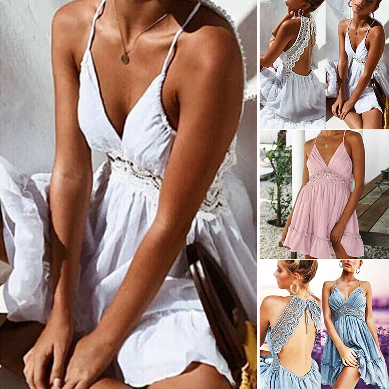 Sexy Womens Summer Beach Strappy Dress V-neck Backless Sundress Holiday Clothes | Женская одежда