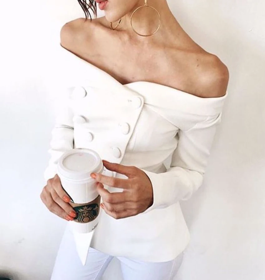 Женские костюмы с открытыми плечами и пуговицами | Женская одежда