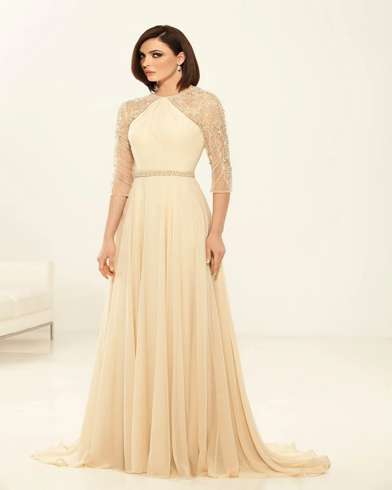 elegant luxury mother of the bridal dress 2016 o neck beaded champagne chiffon women formal evening gown for party | Свадьбы и