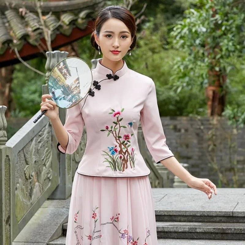 Sheng Coco женский этнический стиль Китайская вышивка цветные топы Чонсам белый