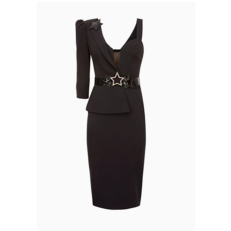 Женский офисный костюм с коротким рукавом на одно плечо черное платье