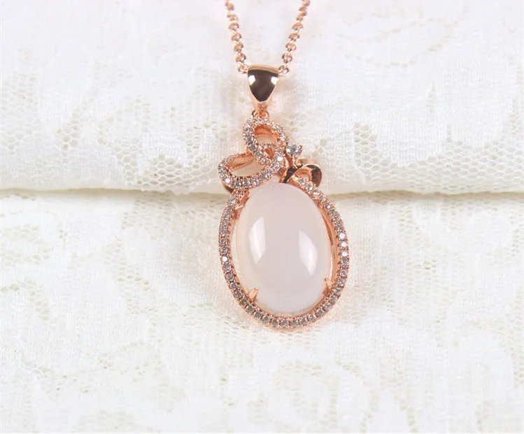 Халцедон розовый элегантный инкрустированный циркониевый камень кулон ожерелье