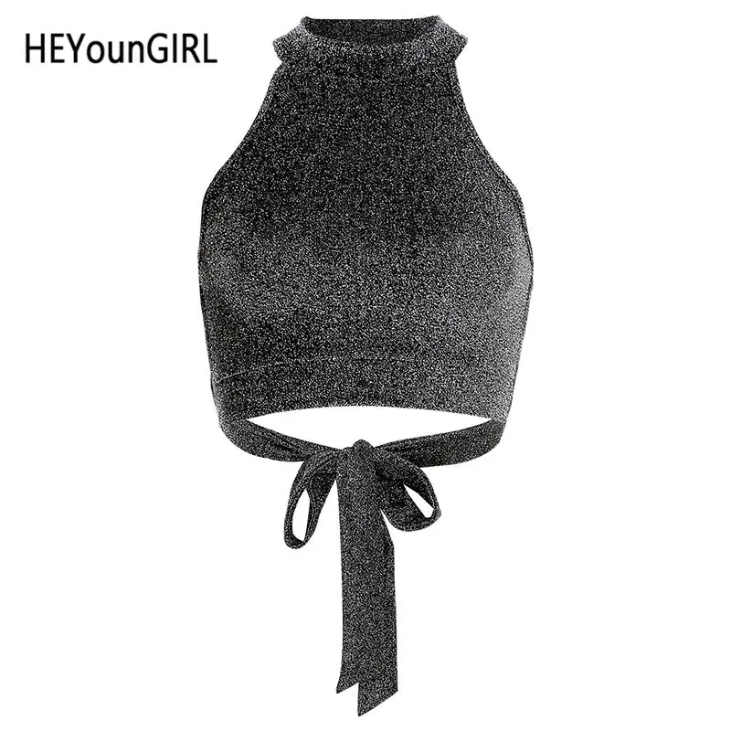 Серебристый HEYounGIRL без рукавов с низким вырезом на спине Для женщин топ на бретелях с люрексом Блеск Короткие топы, футболки галстук-бабочка на шнуровке Пикантные мини-жилет Летний Топ уличная Вечерние - Цвет: Серебристый
