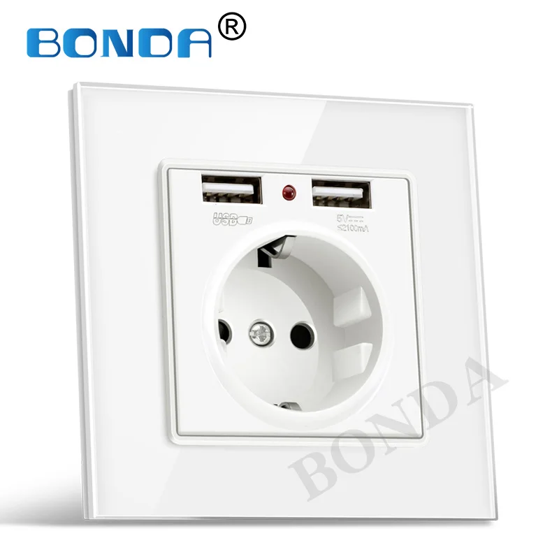 German white BONDA, двойной USB разъем питания, ЕС, немецкий стандарт, настенная розетка, зарядное устройство, адаптер, электрическое настенное зарядное устройство, адаптер, панель из закаленного стекла - Тип: German white