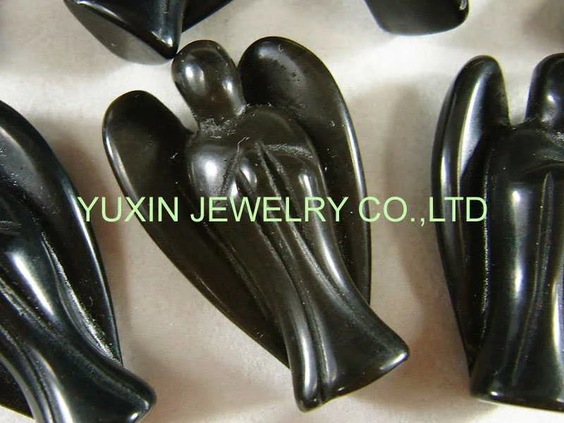 5 шт. модных естественного черного цвета обсидиановых ангельских символов в статуе, вырезанных фигурок бусин с крыльевым подвесом.
