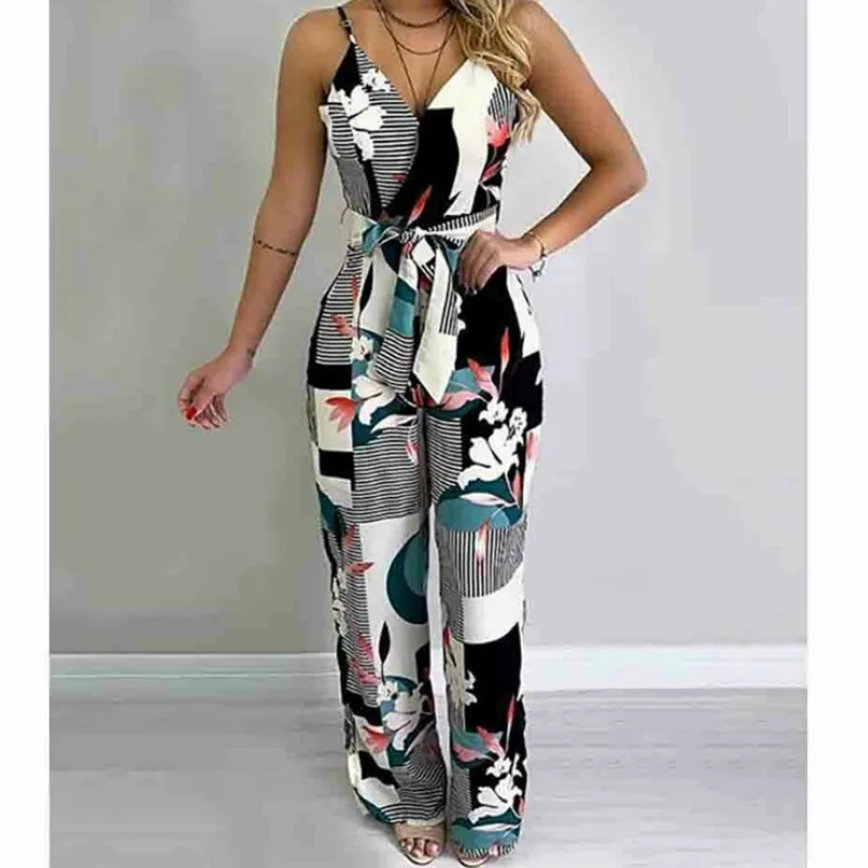 

Women Summer Boho Floral Bodycon Jumpsuit Sleeveless V-neck Party Casual Wide Leg Long Playsuits Overalls