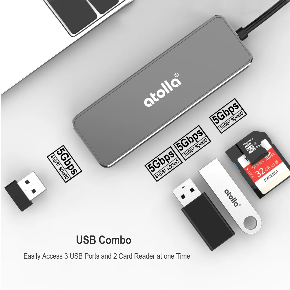 Atolla 3 порта USB 3,0 концентратор разветвитель портативный алюминиевый концентратор данных с SD TF кард-ридером Для iMac, MacBook или любых других USB устройств