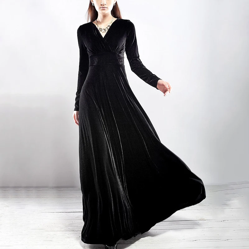 2019 Новое Женское осенне-зимнее Золотое бархатное Длинное Платье Макси женское