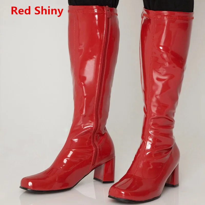 Red Shiny Персиковые туфли для женщин; большие размеры 36-46; модные пикантные туфли на плоской подошве с квадратным каблуком; высокие сапоги до колена с квадратным носком; сезон весна-осень - Цвет: Red Shiny