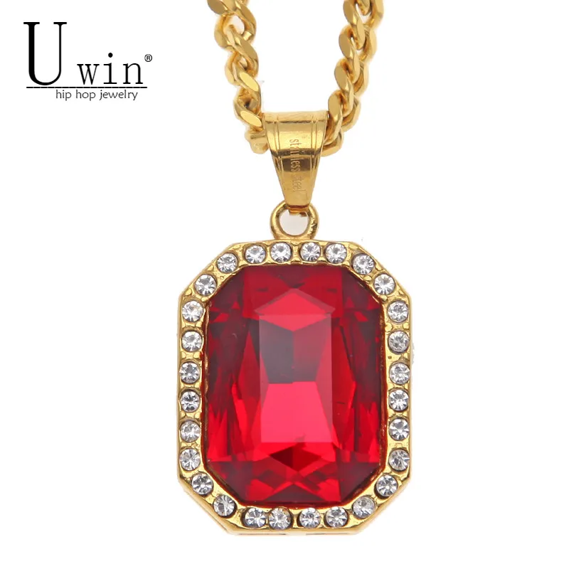 

UWIN квадратное ожерелье из нержавеющей стали с красным драгоценным камнем, ожерелье со льдом и блестящим горным хрусталем, мужское ожерелье ...