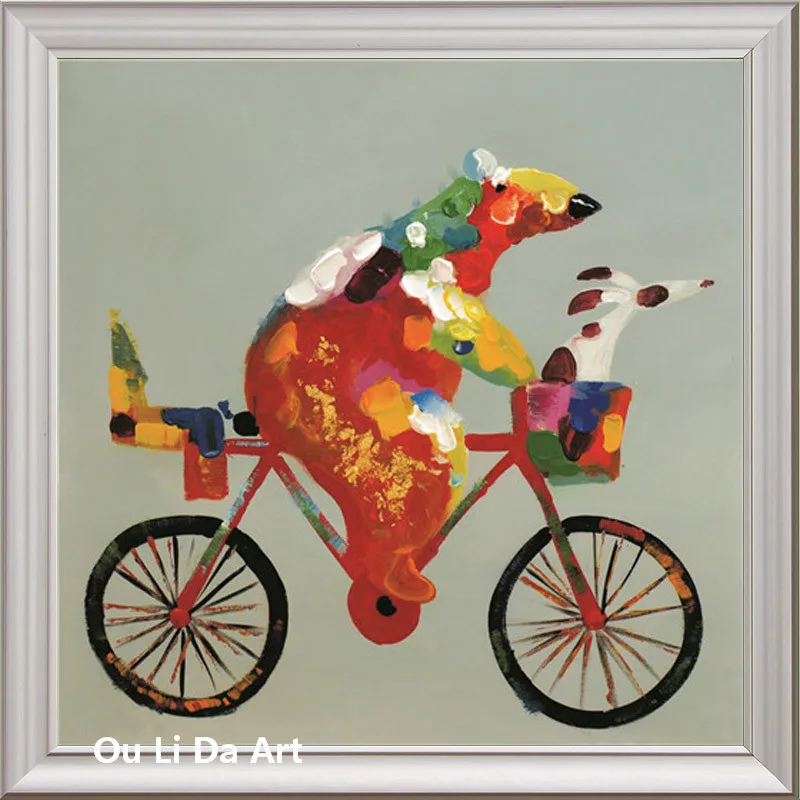 НОВЫЙ catoon медведь ездить на велосипеде печатания холст нож картины маслом