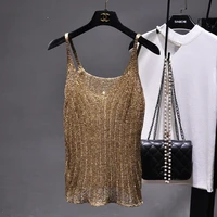 cakucool gold lurex knit tanks women sexy hollow out sleeveless shirt big v neck slim shiny basic camisole summer tops for women