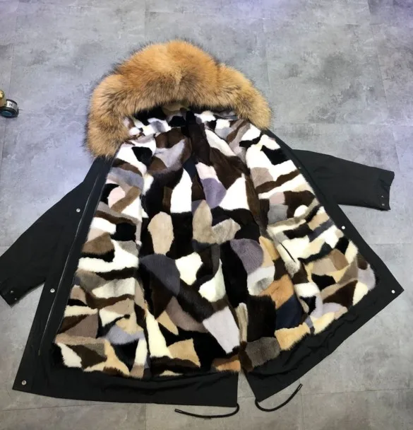 Женская парка с большим воротником из меха енота длинная толстая теплая