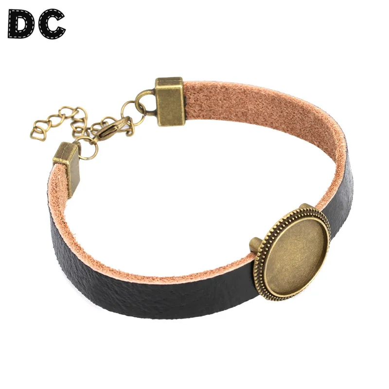 Черный Кожаный Браслет манжета 18 мм круглый бронза под старину/серебряный цвет