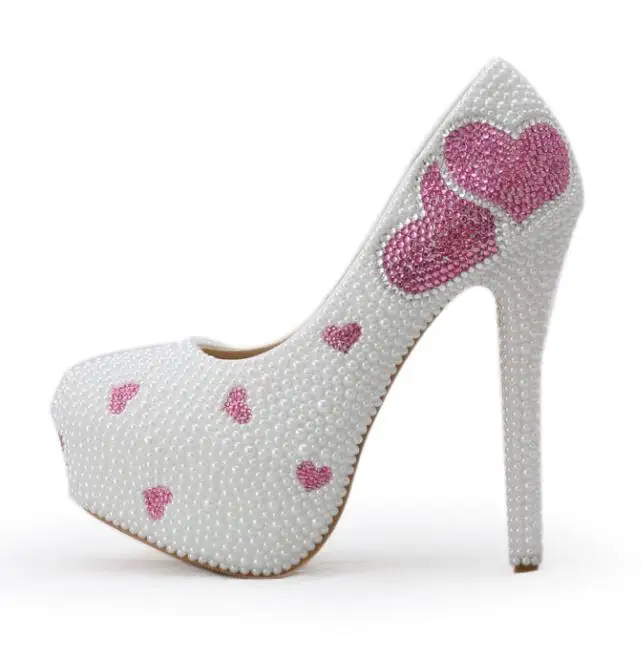 14cm shoe BaoYaFang/Новые белые женские свадебные туфли с жемчужинами, свадебные туфли на высоком каблуке, вечерние модельные туфли на высокой платформе для влюбленных, свадебные туфли с сердечками - Цвет: 14cm shoe