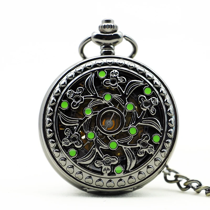 Black Hollow Flower Gem Design Mechanical Pocket Watch Retro Steampunk Gentleman Style Men's Necklace Pendant Clock