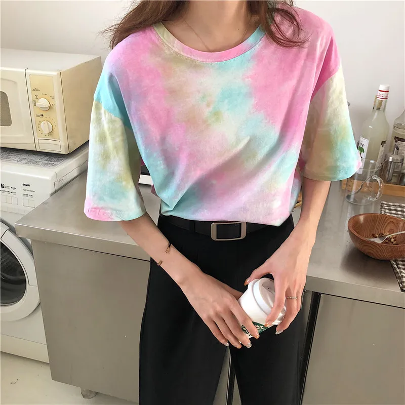 CBAFU tie dye футболка женская летняя топ Корейская одежда Повседневная Свободная футболка femme ulzang топы с принтом Лоскутная футболка D559