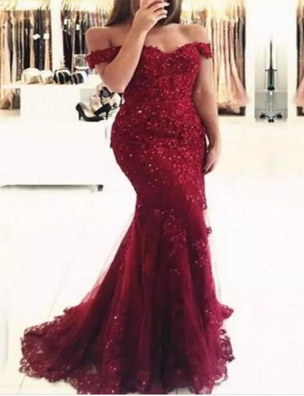 

Junoesque Burgundy Lace Mermaid Prom Dresses Appliques Off the shoulder Beaded Sequins Long Prom Gowns Evening Dresses