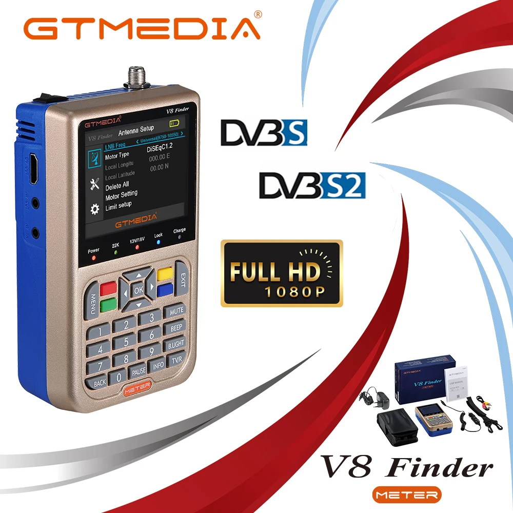 

Цифровой спутниковый искатель GTMEDIA DVB-S2/S2X V8 Finder HD, счетчик SatFinder Full 1080P FTA 3,5 дюймов ЖК спутниковый искатель с батареей 3500