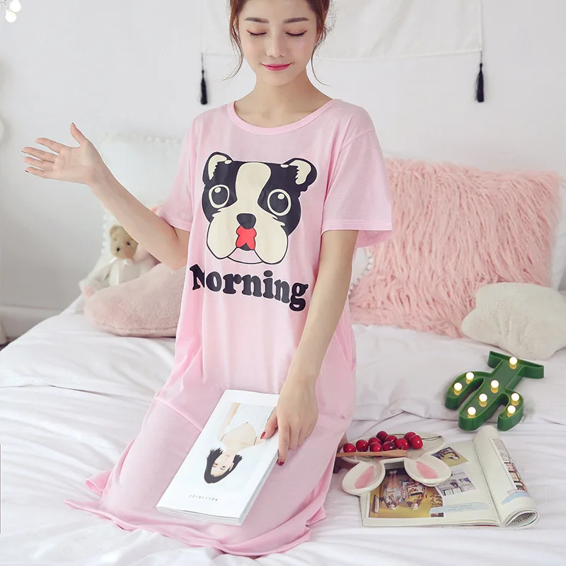 puppy pink Женское хлопковое Ночное платье с круглым вырезом и мультяшным принтом, Милая Ночная рубашка с коротким рукавом, домашняя одежда, весенне-летняя одежда для сна для женщин - Цвет: puppy pink