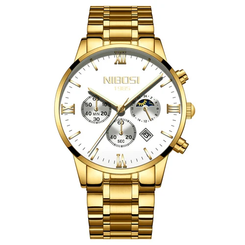 Gold White Steel NIBOSI часы Для мужчин часы Роскошные известный бренд Мужская мода повседневные платья часы в стиле милитари кварцевые наручные часы мужские наручные часы - Цвет: Gold White Steel
