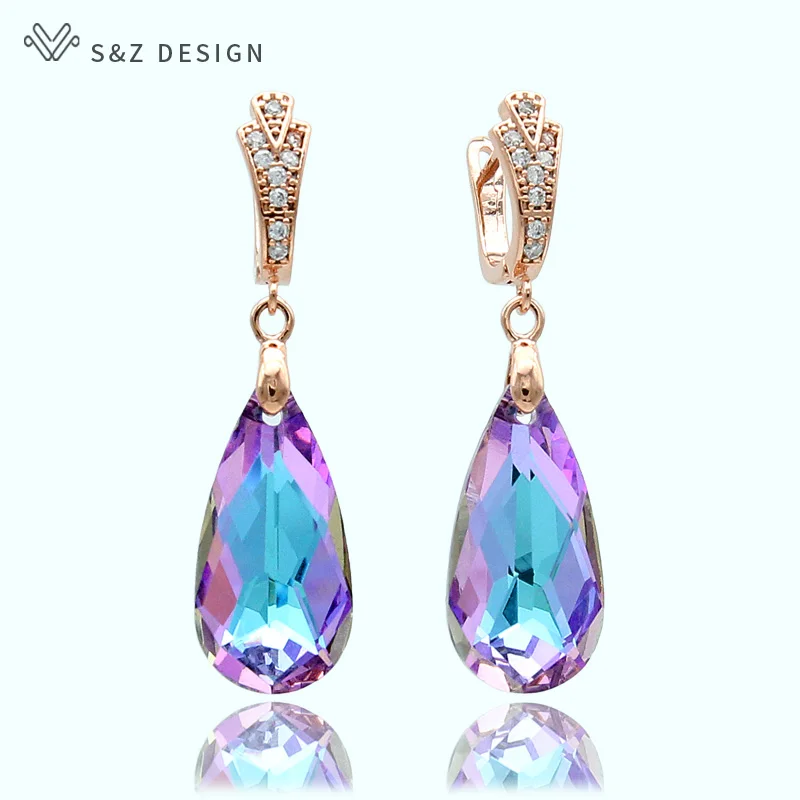 Light purple S& Z, новинка, 6 цветов, имитация хрусталя, длинная водяная капля, висячие серьги, 585, золотой цвет, для женщин, Свадебная вечеринка, подарок, ювелирное изделие - Окраска металла: Light purple