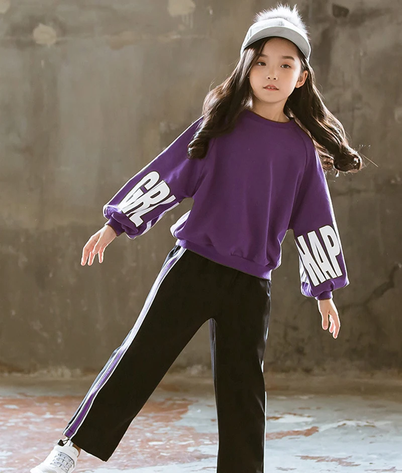 purple Спортивный костюм для девочек-подростков; коллекция года; Осенняя свободная детская одежда для девочек; весенняя одежда в стиле хип-хоп для девочек-подростков; 6, 8, 11, 12 лет - Цвет: purple