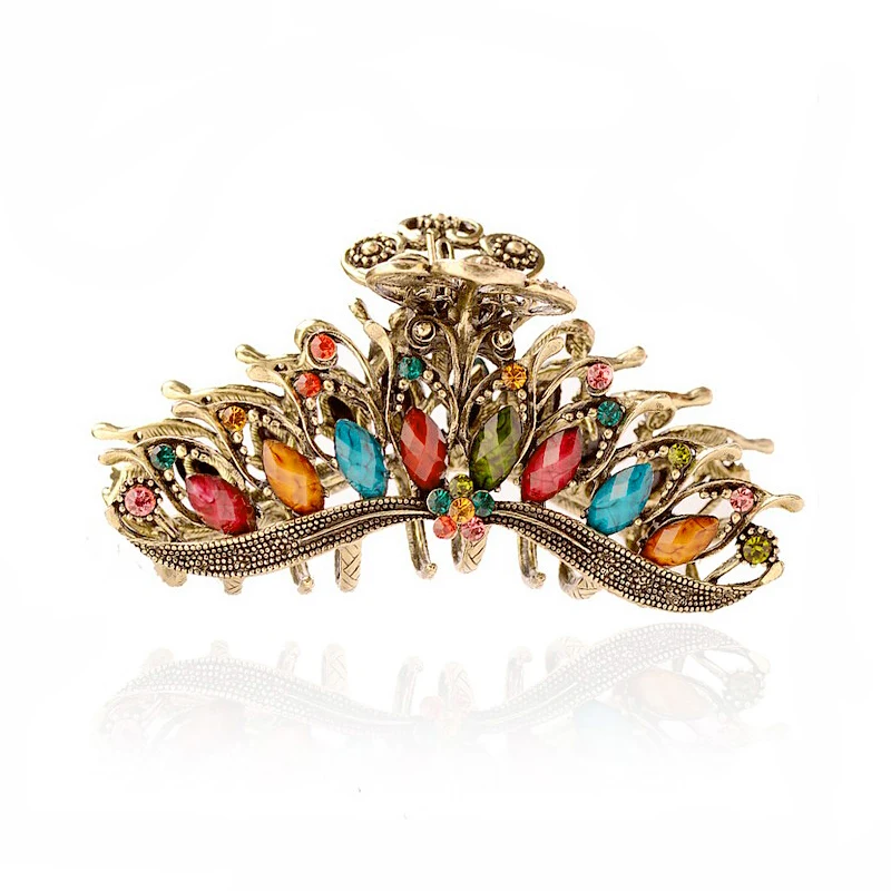 Morkopela Big Metal Hair Claw Crab Vintage Rhinestone Hair Clip Accessories Retro Flower Hair Claws For Women Banquest Jewelry - Окраска металла: multi