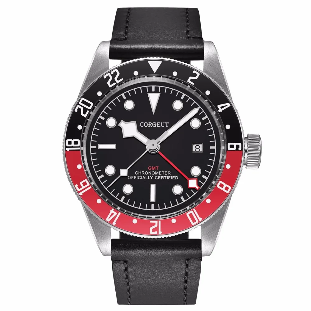 Corgeut люксовый бренд Schwarz Bay GMT Мужские автоматические механические часы Военные Спортивные часы для плаванья кожаные механические наручные часы