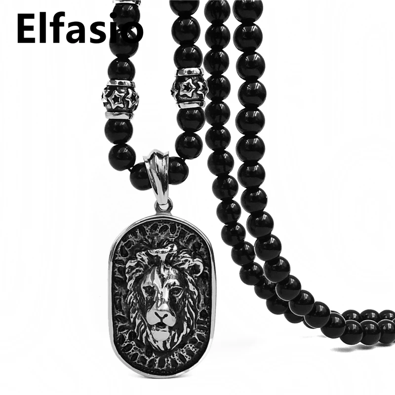 8 мм черный оникс бусины Мужские Серебряный лев Щит Кулон ожерелье из нержавеющей