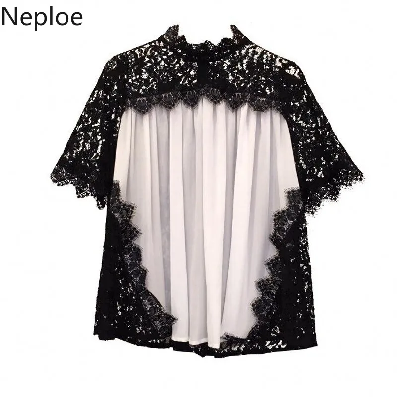 Neploe/открытые кружевные футболки для женщин лето 2019 модные с оборками воротник