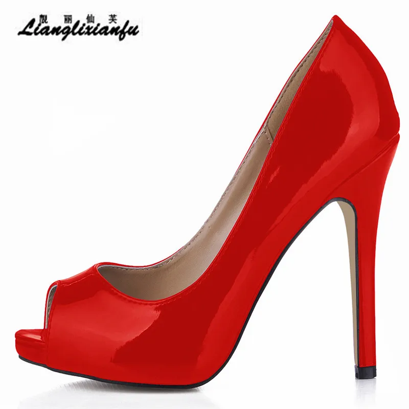 LLXF Hot sale female party stilettos 11cm thin high-heeled shoes Peep Toe Patent Leather pumps sapato feminino Plus:35-42 43 | Обувь