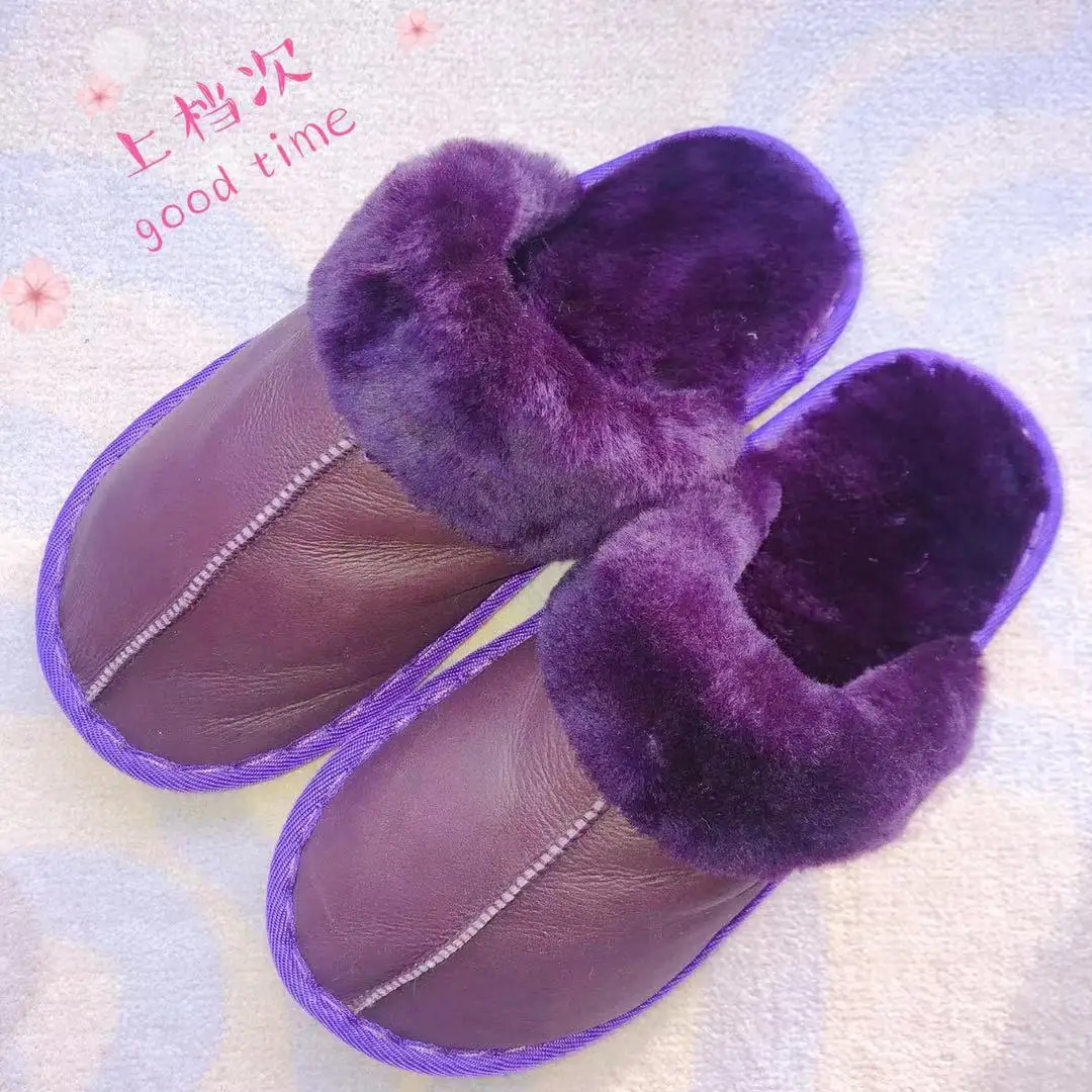 purple One fur in piece slippers Australia imported real wool bright lazy slippers winter warm padded fur unisex slippers large size - Цвет: purple