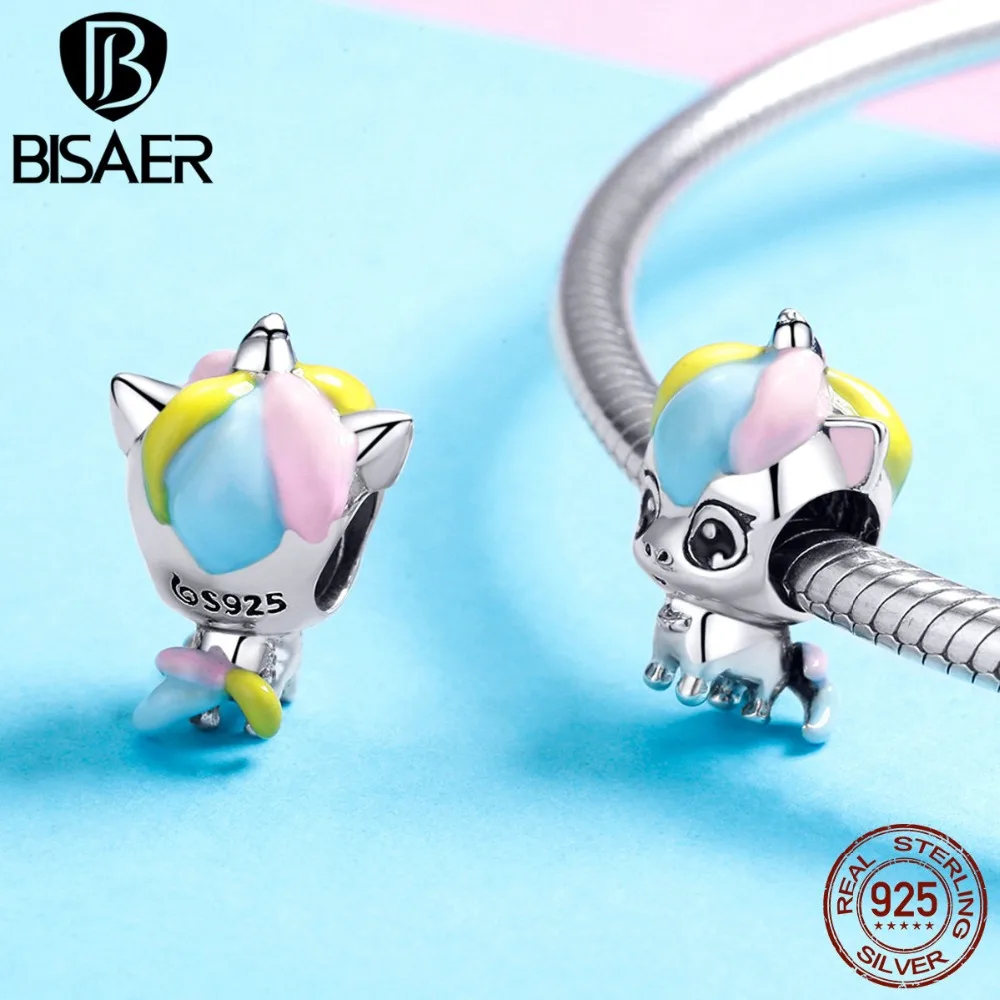 BISAER, 925 пробы, Серебряный Кот, фламинго, сова, птицы, бусины, животные, единорог, Подвески, подходят для шармов, серебро 925, оригинальное Изготовление ювелирных изделий