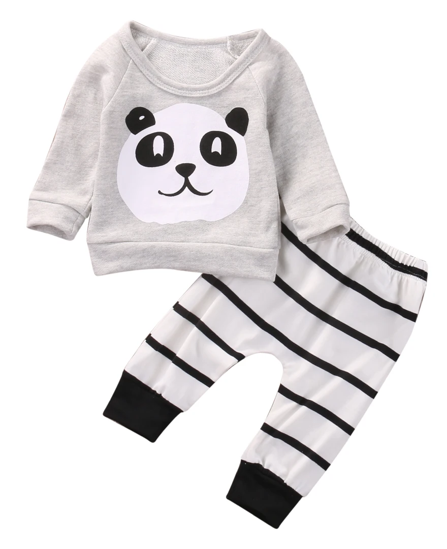 2Pcs Cute Newborn Infant Baby Boy Girl Panda Long Sleeve T-shirt Striped Pants Outfit Clothes Set | Детская одежда и обувь