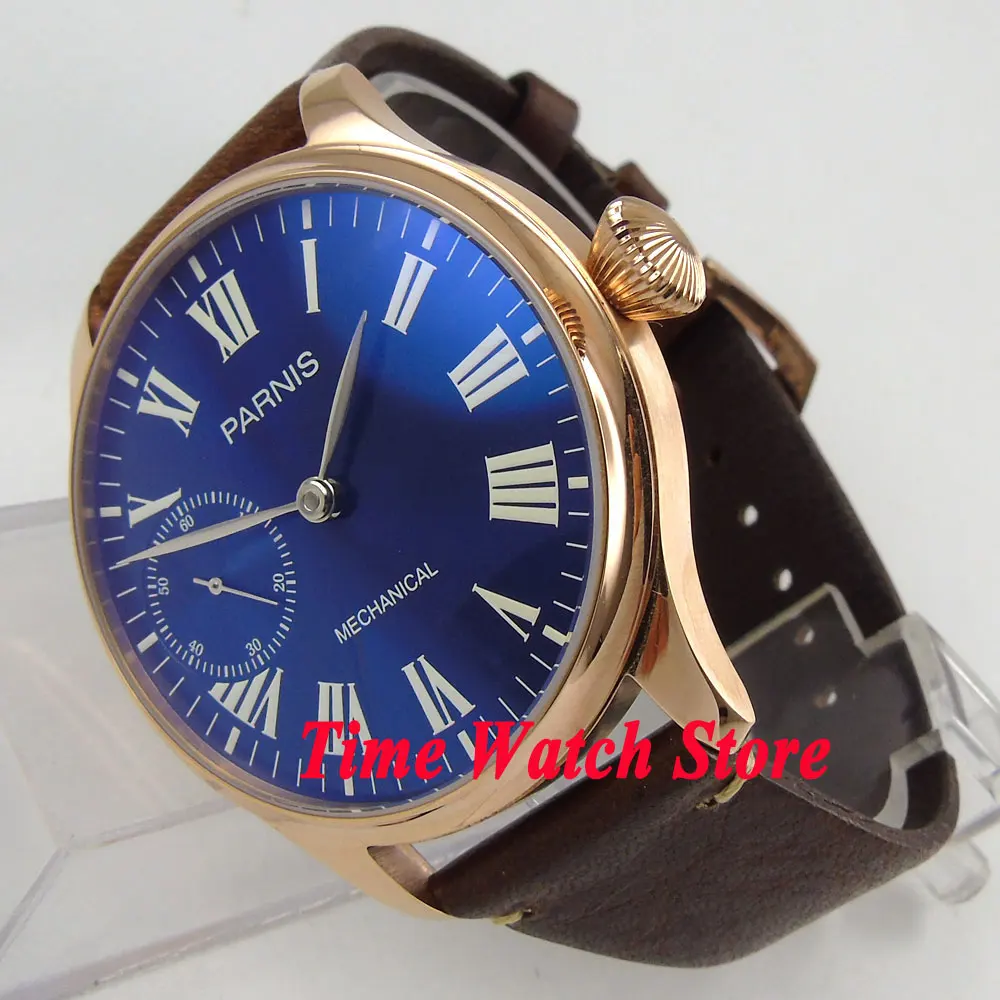 44 мм Парнис с синим циферблатом римскими цифрами золотой чехол светящийся 17 jewels